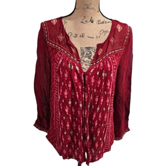 Lucky Brand Embroidered Women's Red‎ Bohemian Top Size Medium - Picture 1 of 8